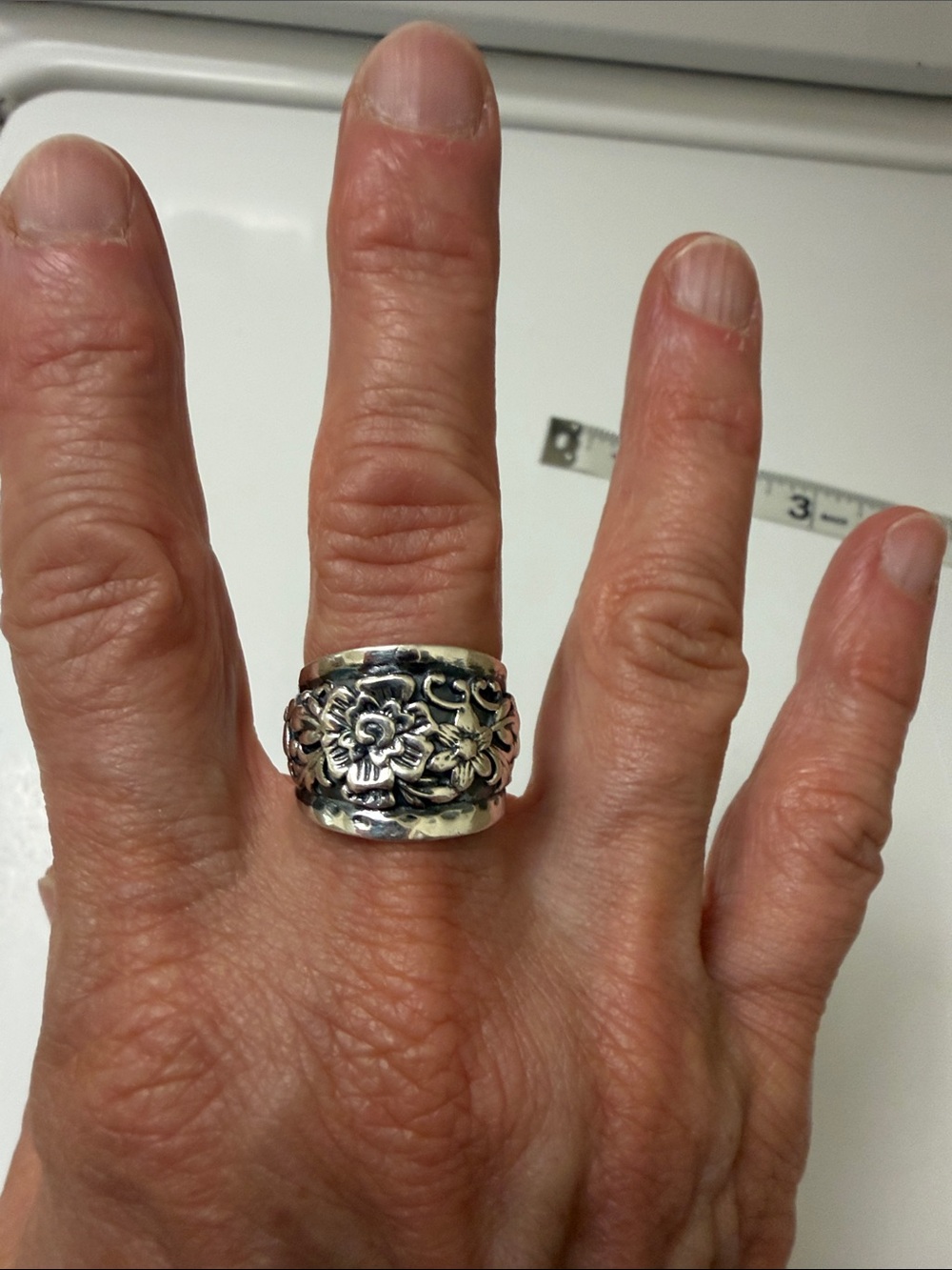 Sterling Floral Wide Band Ring - Silver Floral Statement